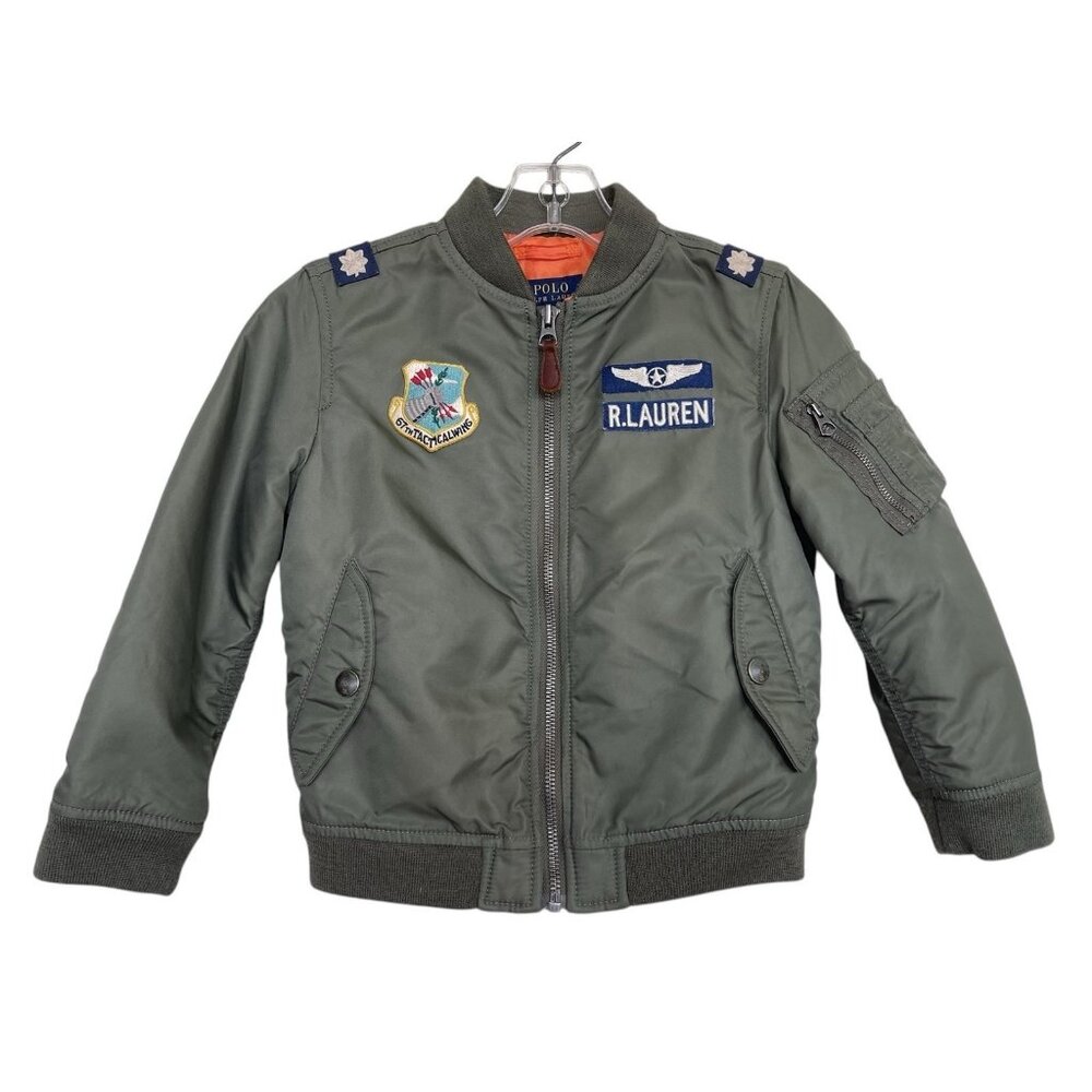 POLO Ralph Lauren Boys Bomber Jacket Size 5 Green Patches Military